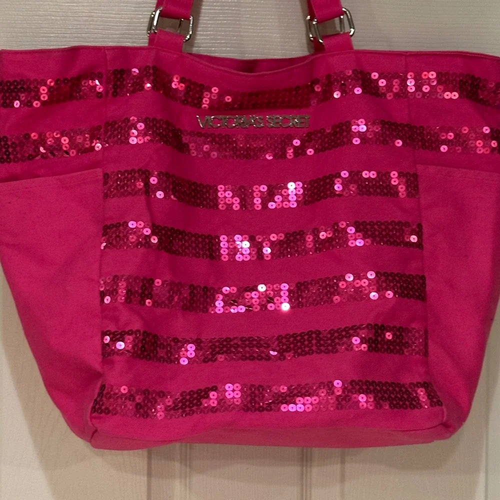 Victorias Secret Pink Sequin Stripe Canvas Tote Bag Shoulder Travel Beach Pink